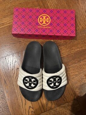 Tory Burch Black and White Quilted Logo Slide Sandals